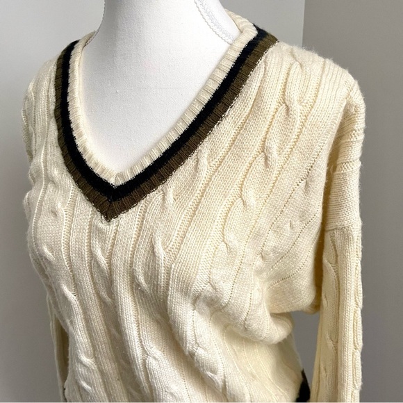 Vintage Preppy Cream Cable Knit Varsity Academia V Neck Sweater - Picture 2 of 8
